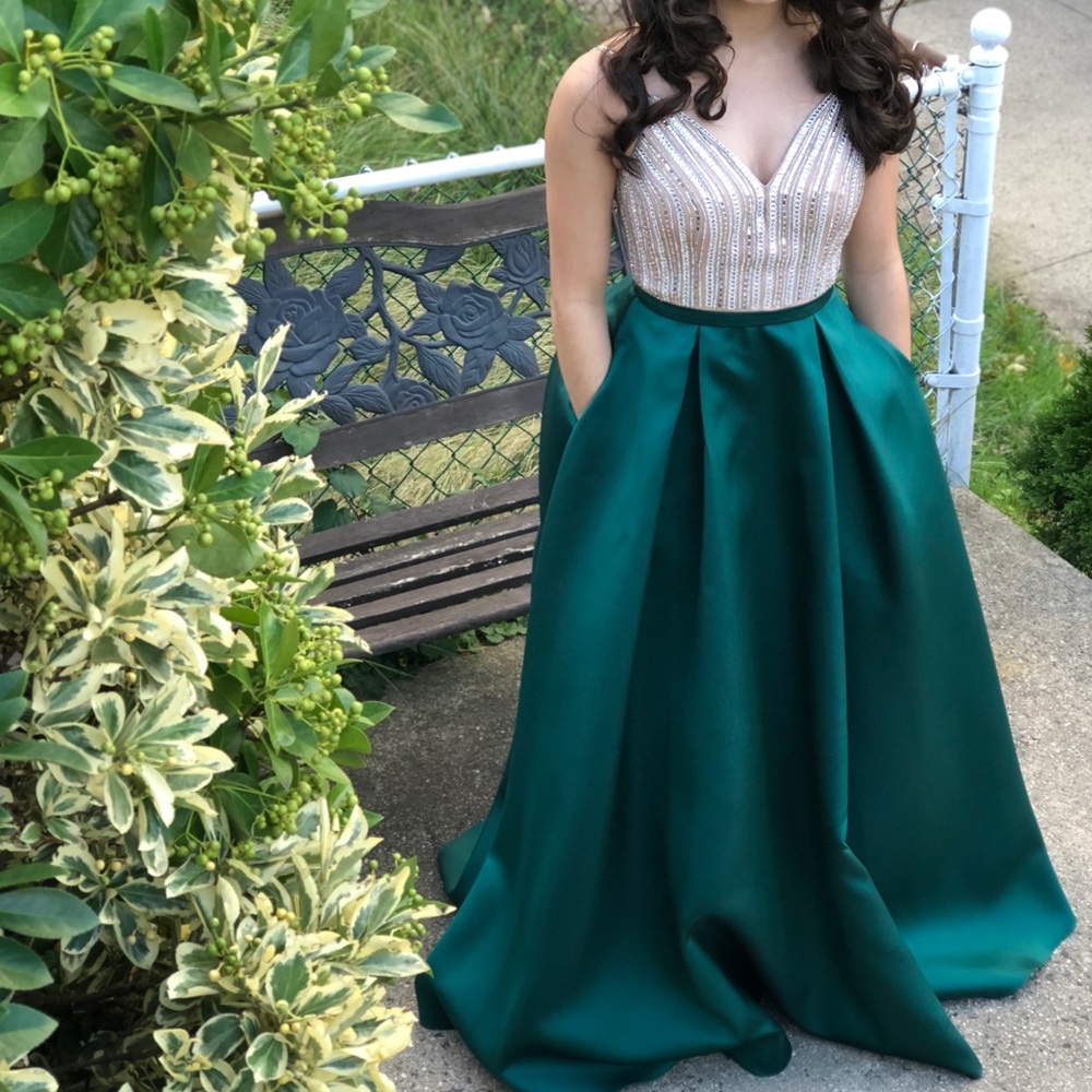 Hunter Green Satin A-line Xscape Prom Dress
